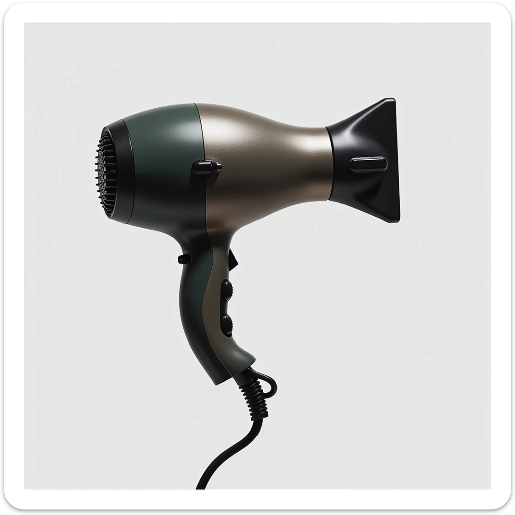 A realistic hair dryer with a cord and a detailed nozzle, photorealistic style. sticker