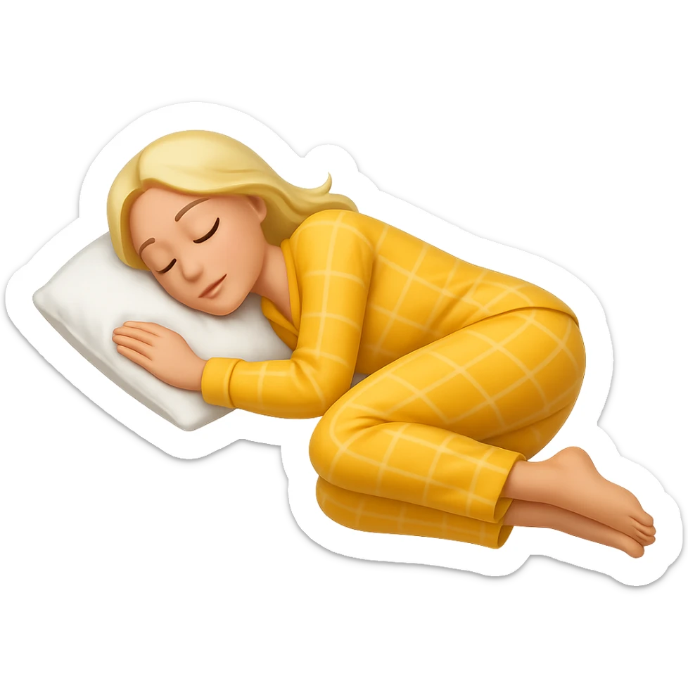 Create an image of a woman with blond hair in yellow pajamas, sleeping on her side by herself on a white pillow, in classic iOS emoji style, with no background. sticker