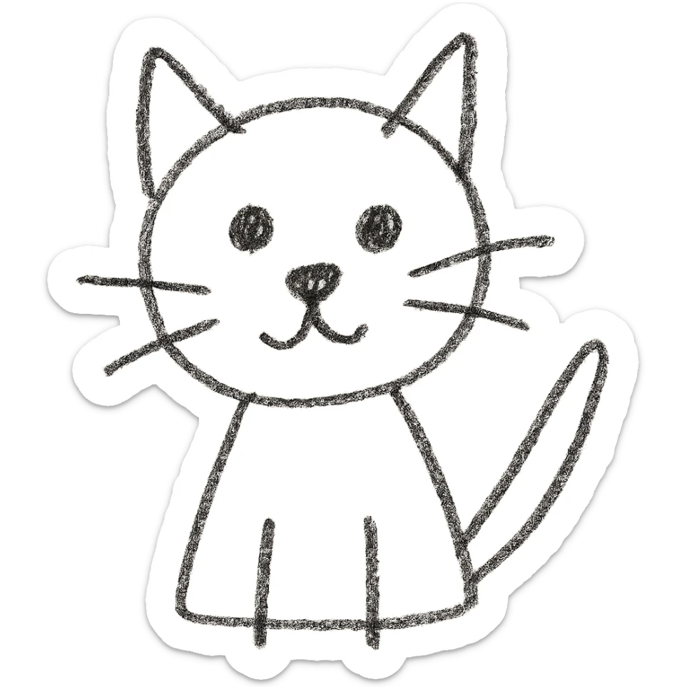 cat drawn with very simple and clumsy lines like a 1-year-old child, doodle of face and body only, almost no coloring sticker