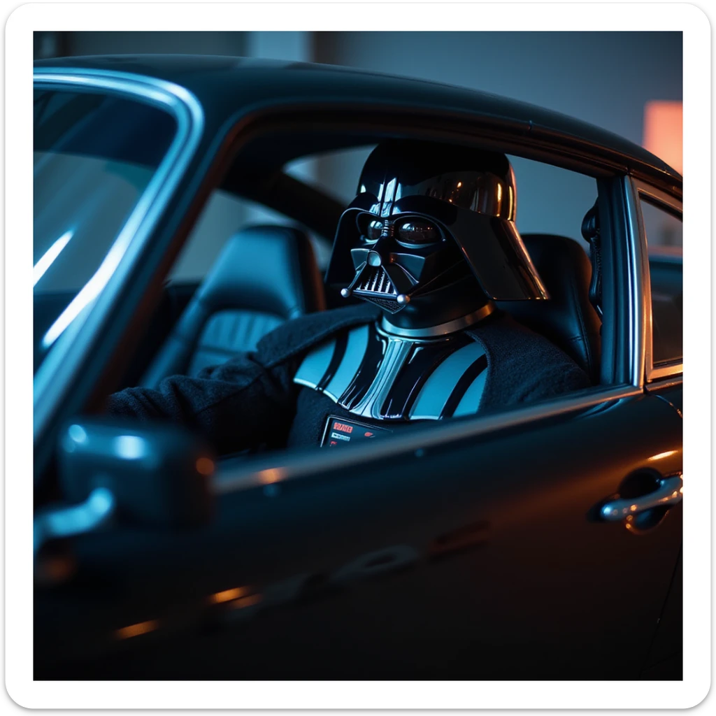 Cinematic shot of aDarth vader sitting in porsche 911, blue and orange lights  sticker