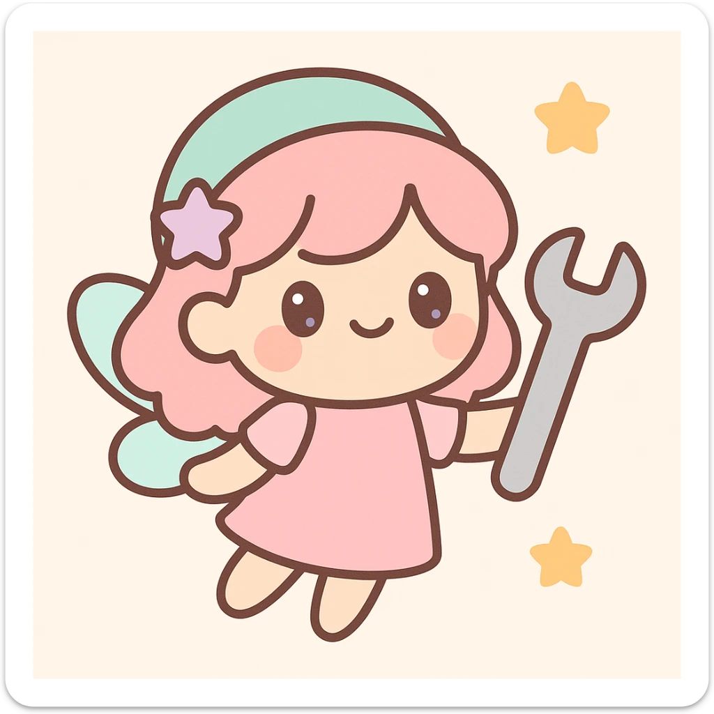 a pink fairy holding a wrench, whimsical and magical, cute kawaii style sticker