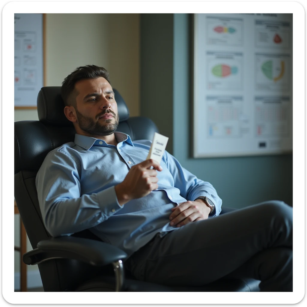 hyperrealistic 4K image of a man in his 30s slumped in chair in urologist's office, semen analysis with 'azoospermia' in hand, devastated and hopeless, fertility charts on wall, clinical environment sticker