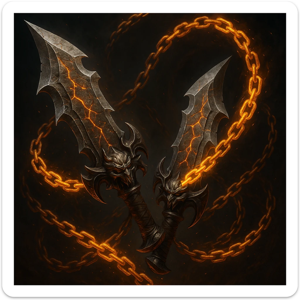 the Blades of Chaos from God of War, detailed, dramatic, glowing chains, fantasy weapon, dynamic angle sticker