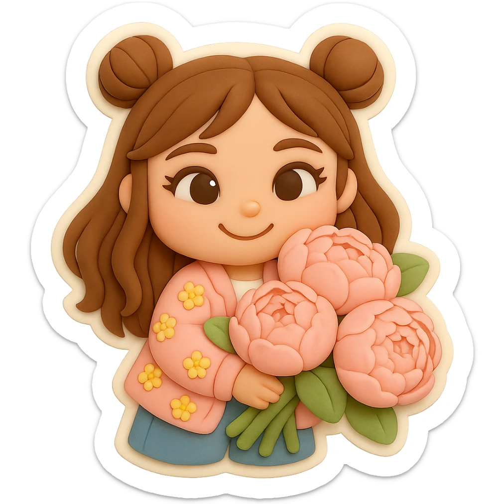 Create a 3D chibi fondant cake art style image of a girl based on the reference image. Preserve the facial features and eye shape exactly as in the reference. She has long brown hair styled in two space buns and brown eyes. The girl is smiling happily and holding a bouquet of large soft pink peonies, matching the flowers from the previous sticker. Include a thick white outline like a sticker and ensure the background is transparent. sticker