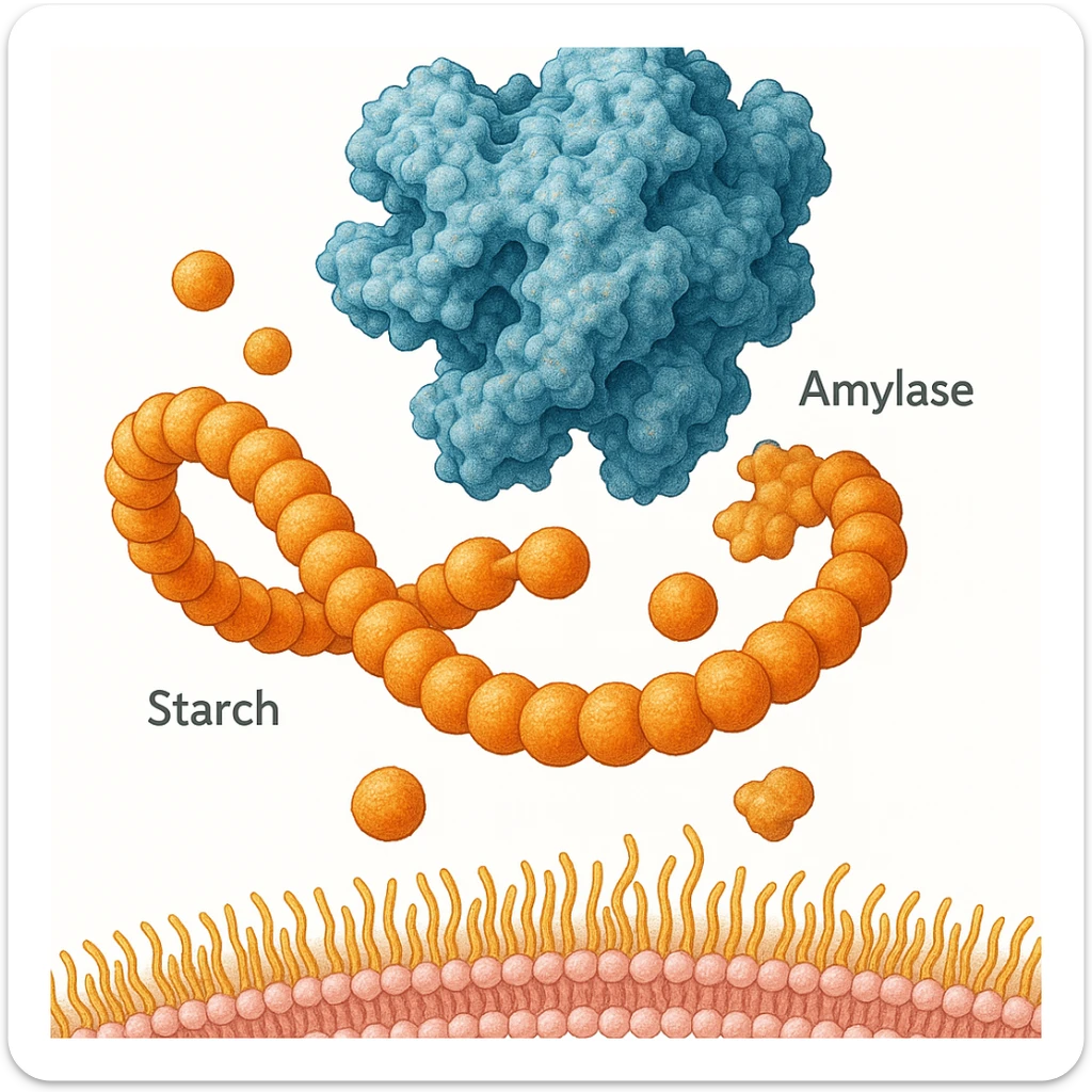 Ultra-detailed illustration of enzyme digestion: amylase breaking starch into sugars near a cell membrane. Clean white background, no text. Scientific but simple sticker