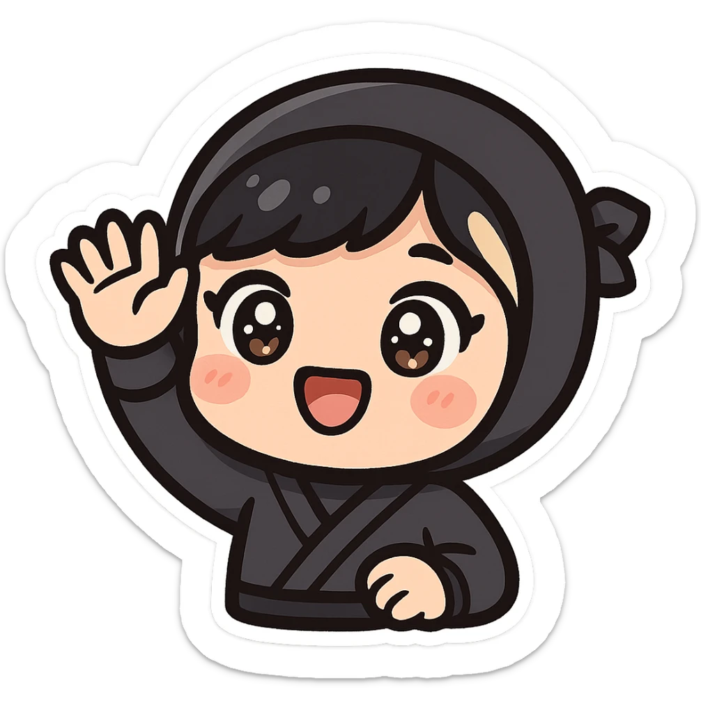 Super cute kawaii chibi style ninja girl with big sparkling eyes, round face, soft colors, playful charm, black short hair with a blonde streak, only head and arms visible, bold outlines, no mask, hand fully raised waving upward, smiling, sized for Twitch emoji use. sticker