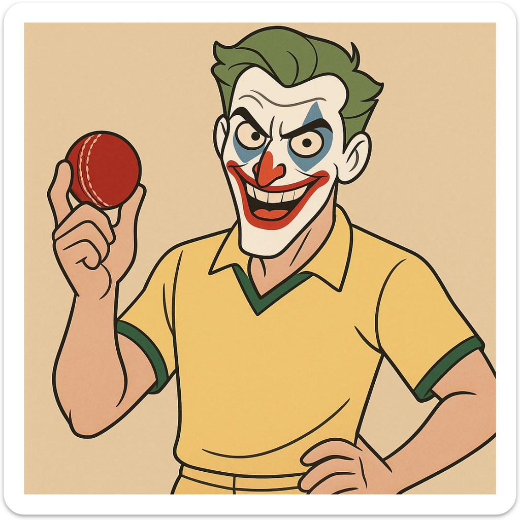 joker in clown makeup, dressed as a cricket player in a yellow jersey, holding a cricket ball, cartoon style sticker