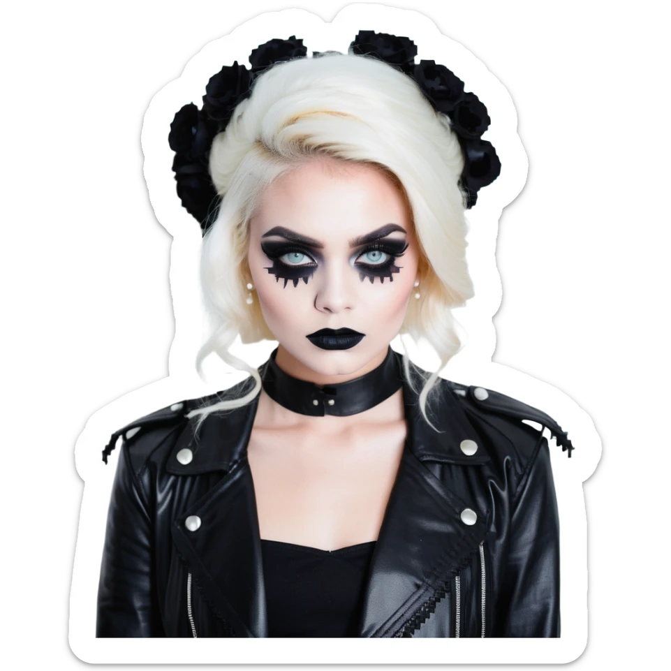 Chucky's bride with black lipstick, black dress, leather jacket, and smoky eye makeup sticker