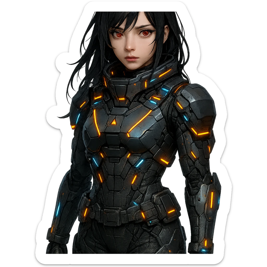 dark-haired, red-eyed girl in a sci-fi military uniform with glowing accents, futuristic, high-tech, detailed sticker