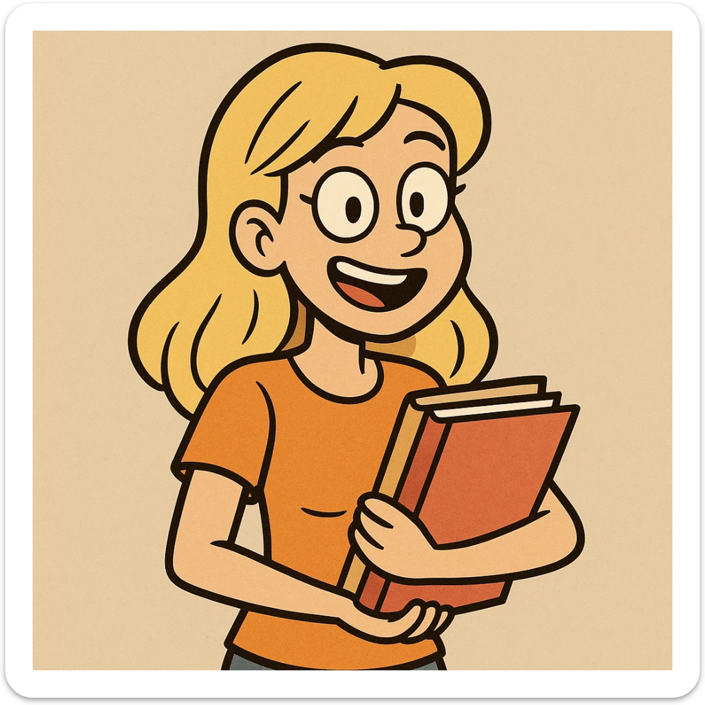 blonde girl in an orange t-shirt holding folders, smiling, cartoon style sticker