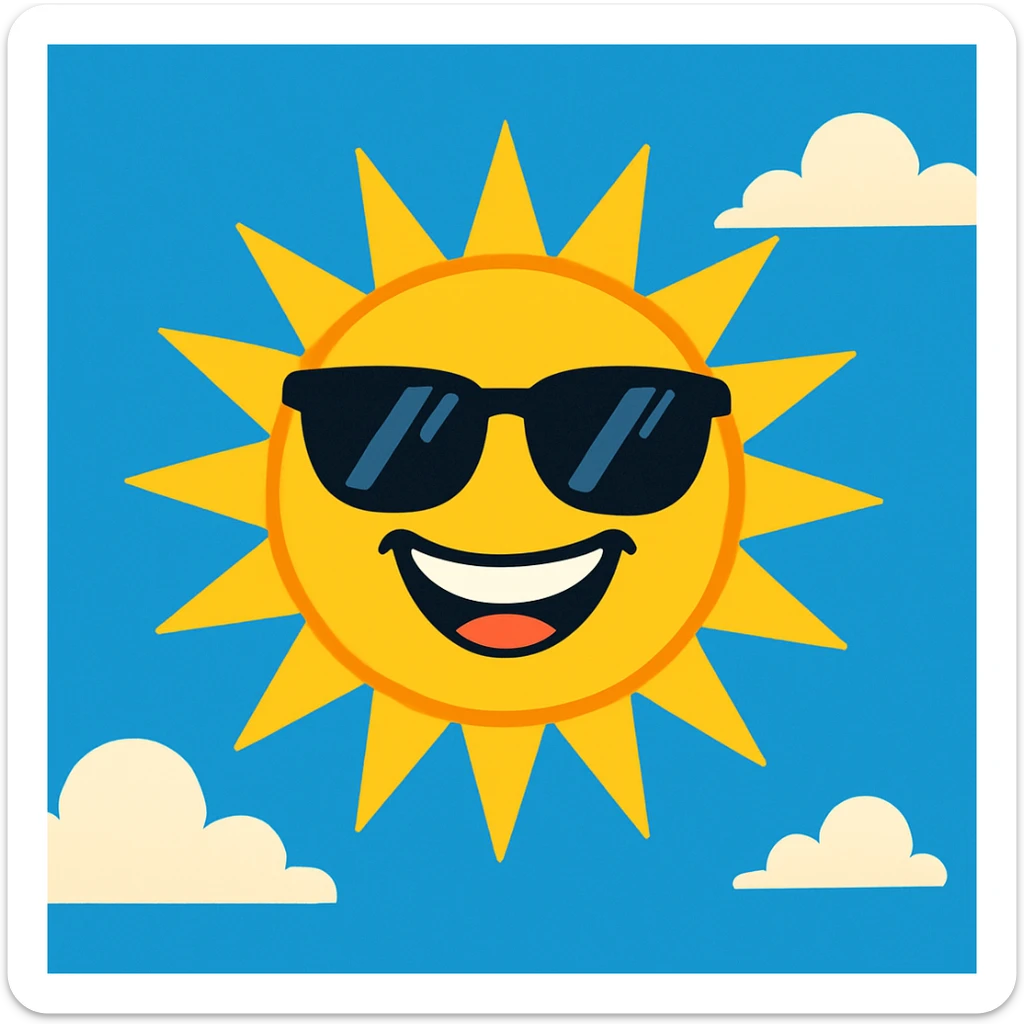 A vibrant, cartoon-style illustration of a cheerful sun wearing sunglasses, radiating bright rays, set against a clear blue sky with fluffy white clouds. The sun has a big, friendly smile, and the overall image conveys a sense of warmth and happiness. sticker