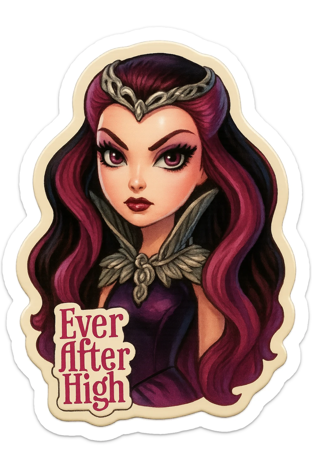 Ever After High sticker of Raven Queen, close-up portrait, intense eyes, silver accessories, mystical vibe sticker