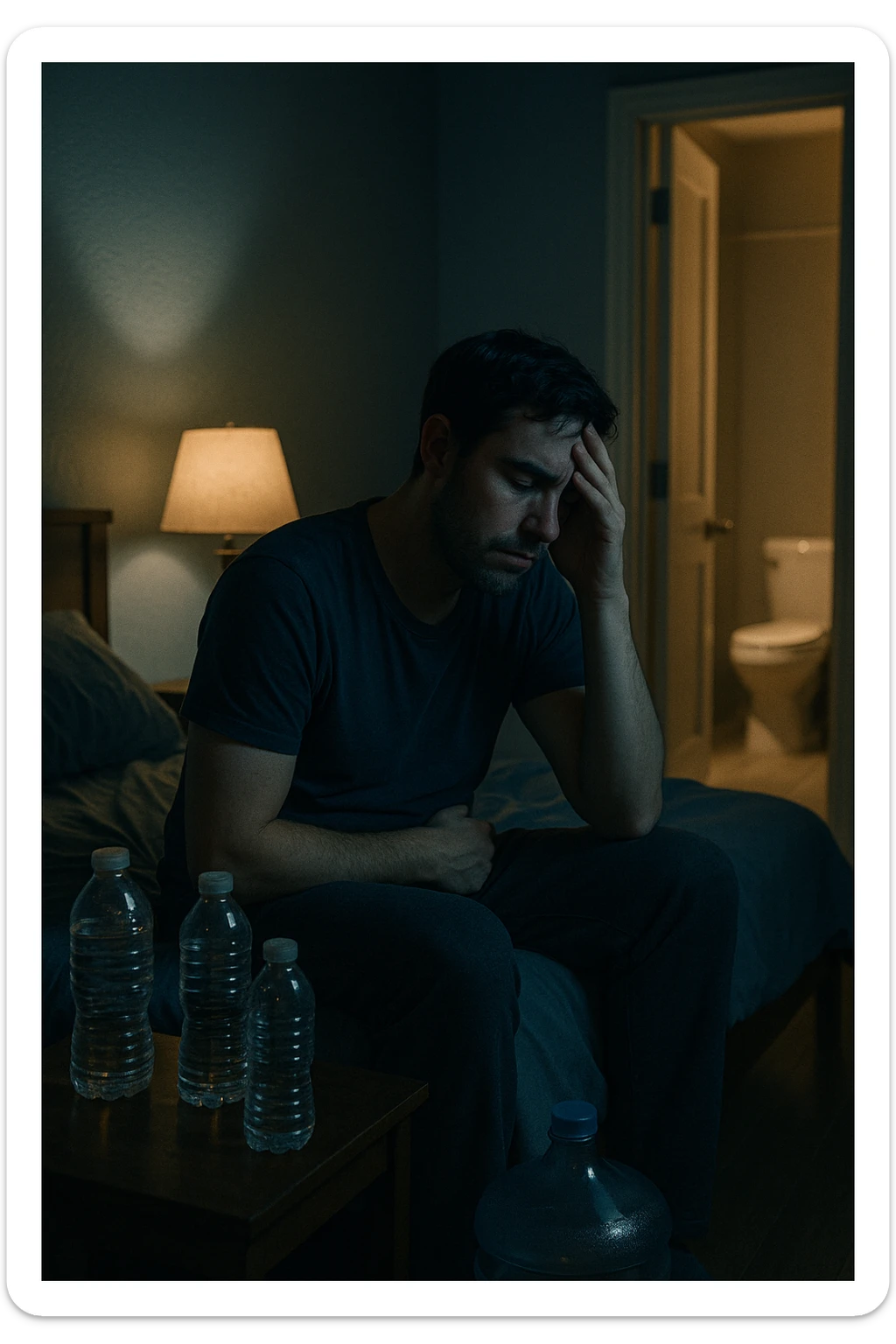 A cinematic scene of a man in his 30s sitting on the edge of his bed at night, clearly tired and frustrated. On his nightstand are several empty water bottles and a large reusable water jug, suggesting excessive hydration. A dim lamp casts soft shadows in the room, and the door to the bathroom is open with light spilling out — symbolizing repeated nightly visits. The man holds his head in one hand, while the other rests on his abdomen, eyes heavy with fatigue. The atmosphere is quiet and introspective. Cool color grading with deep blues and pale yellows enhances the nighttime mood. Style: 35mm cinematic realism, with attention to emotional detail and ambient lighting sticker