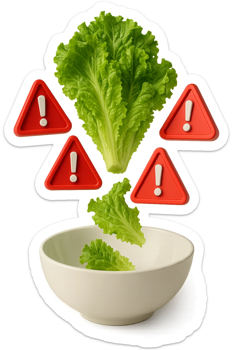 insalata che cade verticalmente in una bowl bianca insieme a segnali triangolari di pericolo con punti esclamativi rossi in 3d, iperrealistica 4k sticker