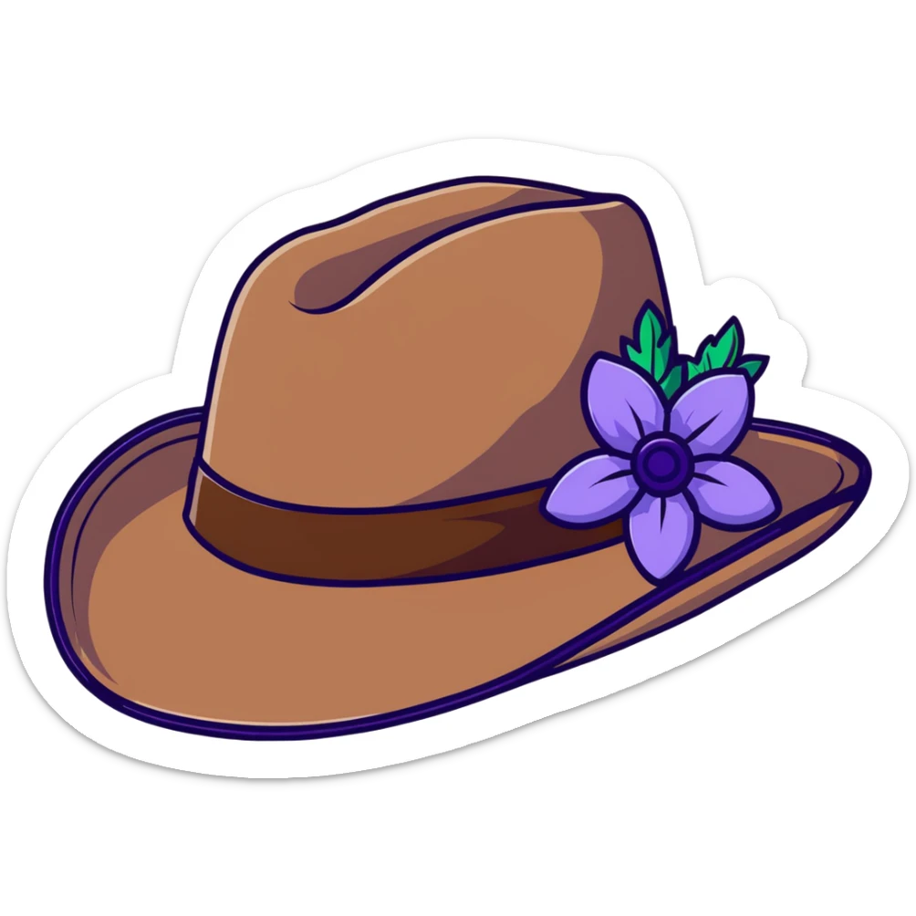 Cowgirl hat with purple lavender flowers, wide-brimmed brown western hat sticker