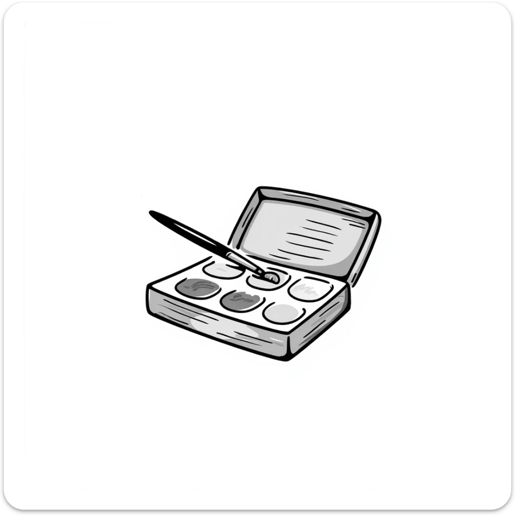 A watercolor paint box with paintbrush and color wells in pastel colors (dd9fb0, ffc6d3, a3bfc9, c4bee2, f1b091), hand-drawn doodle style sticker