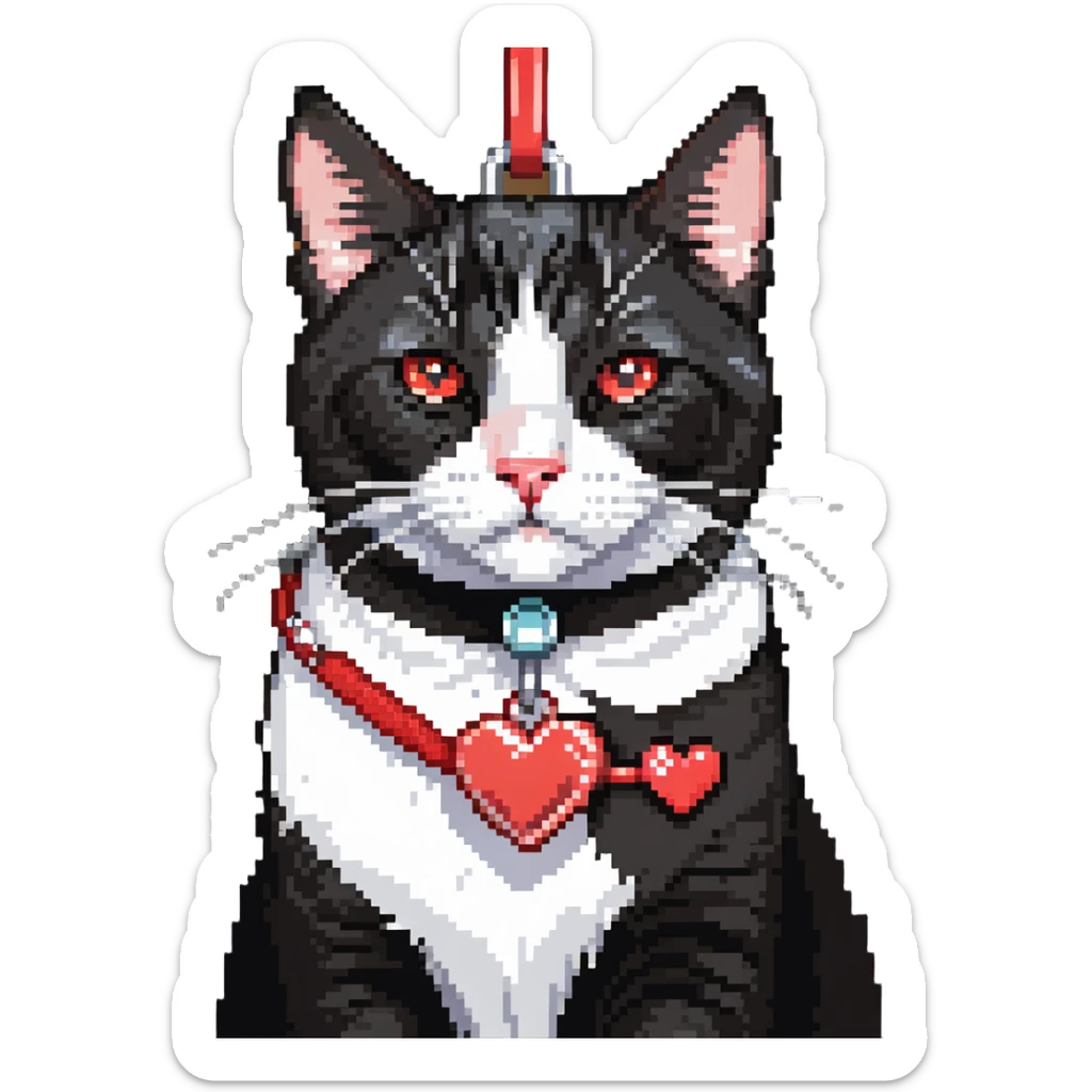 tuxedo cat with red leash and heart pendant, white fur only on mouth, small diamond spot above nose sticker
