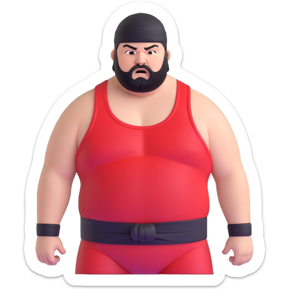 Extreme close-up of face of morbidly obese white skin guy with young face, prominent BLACK DURAG tied clearly on head, black beard but no mustache, clean shaven upper lip, black eyes in a red and black wrestling singlet with angry expression sticker