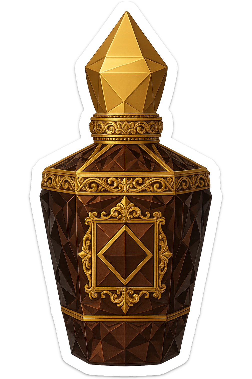 Refine this perfume bottle to closely resemble the shape and ornate details of Xerjoff's 'La Capitale' fragrance bottle, keeping the style geometric and opulent, with no characters or text, and a transparent background. sticker