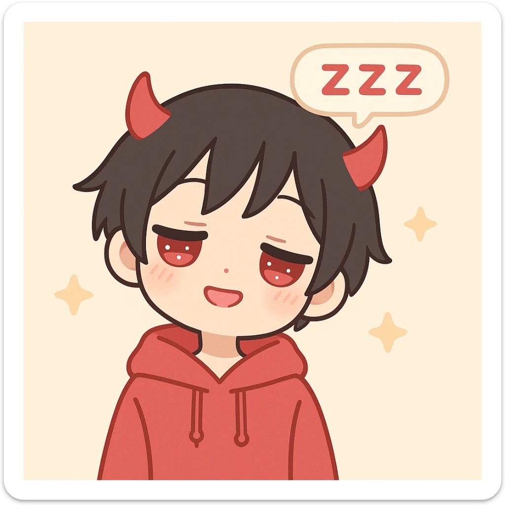 anime teenager with short black hair, red eyes, wearing a red hoodie and red devil horns, three ZZZ's in a horizontal speech bubble, falling asleep sticker