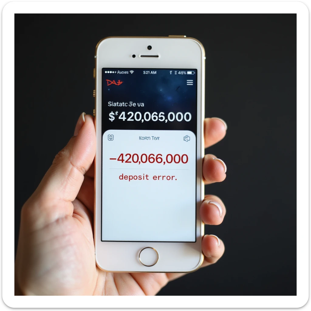 a iphone screenshot showing a SPACE bank balance of -$420,069,000, "deposit error" the numbers are shown in red, indicating a negative balance sticker