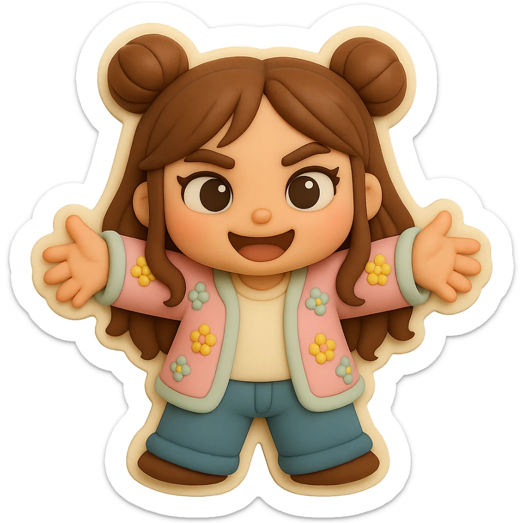 3D chibi fondant cake art style, high-quality rendering with smooth shadows and soft gradients. Girl based on reference image with preserved facial features and eye shape, long brown hair in two space buns, brown eyes, jeans, pastel floral cardigan, thick white outline like a sticker. Reaching out both arms for a joyful hug. Transparent background. Ensure the face, hairstyle, and eye shape match the reference exactly. sticker