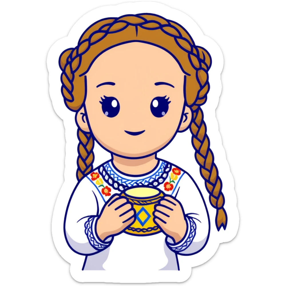 Young Ukrainian girl with braided hair in white traditional embroidered Ukrainian vyshyvanka shirt holding a small glowing light representing the soul sticker