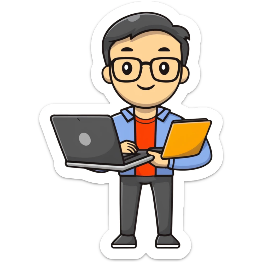 full body male teacher with attractive handsome face in casual clothes holding a laptop sticker
