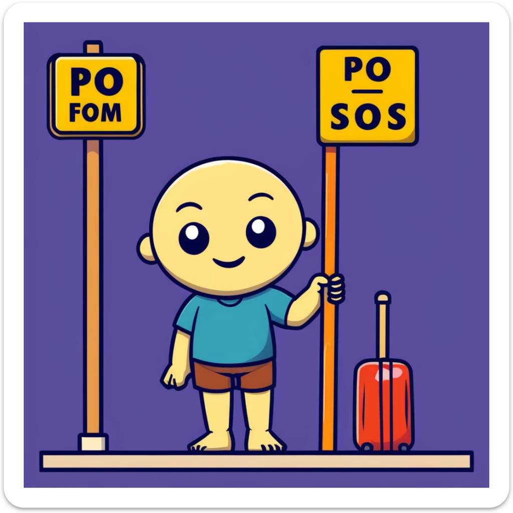 humanoid wooden club with big cartoon eyes and wide smile, barefoot, standing at a dark street bus stop under a dim streetlight, holding a bat, background sign 'Pentung Pos Ronda' sticker
