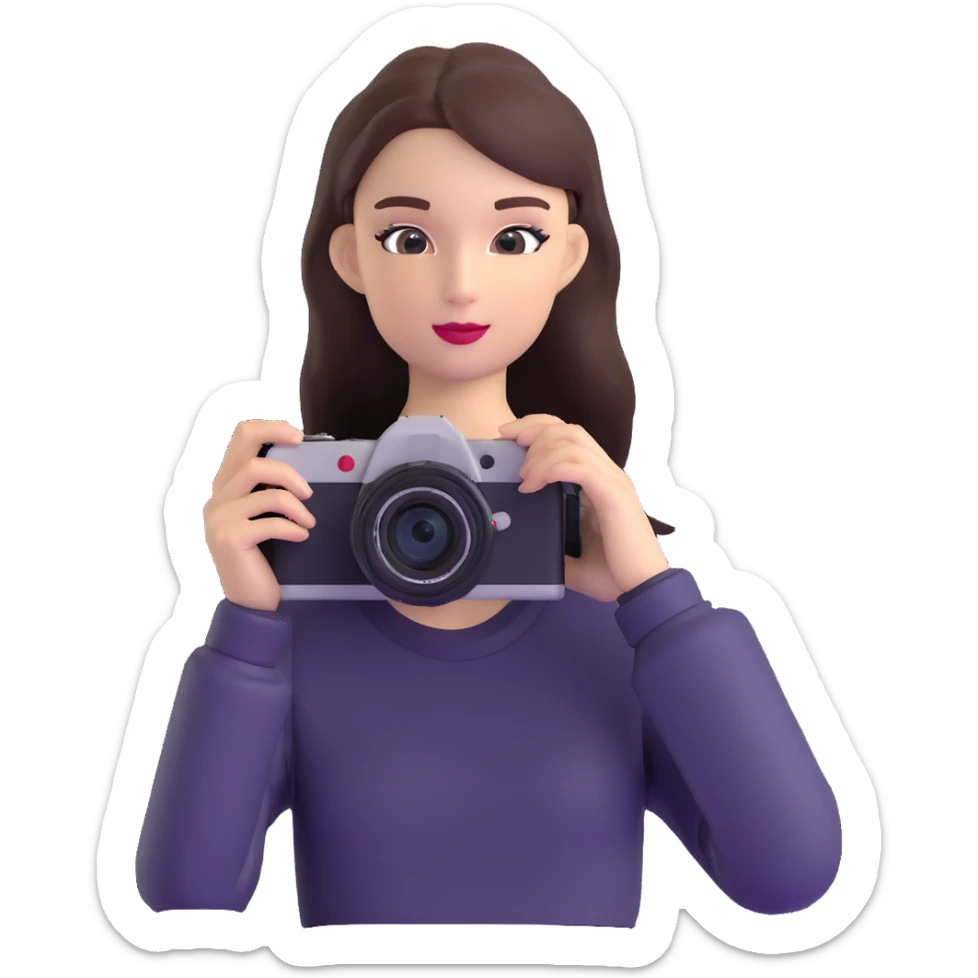 Professional European fashion model during photoshoot, posing while taking photo with camera sticker