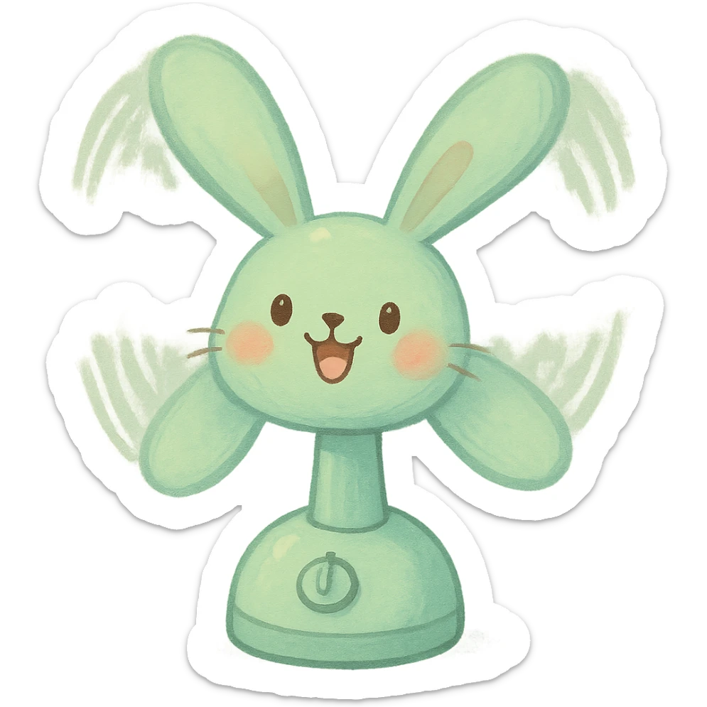 cheerful bunny electric fan, ears as spinning blades, pastel green, full-body sticker