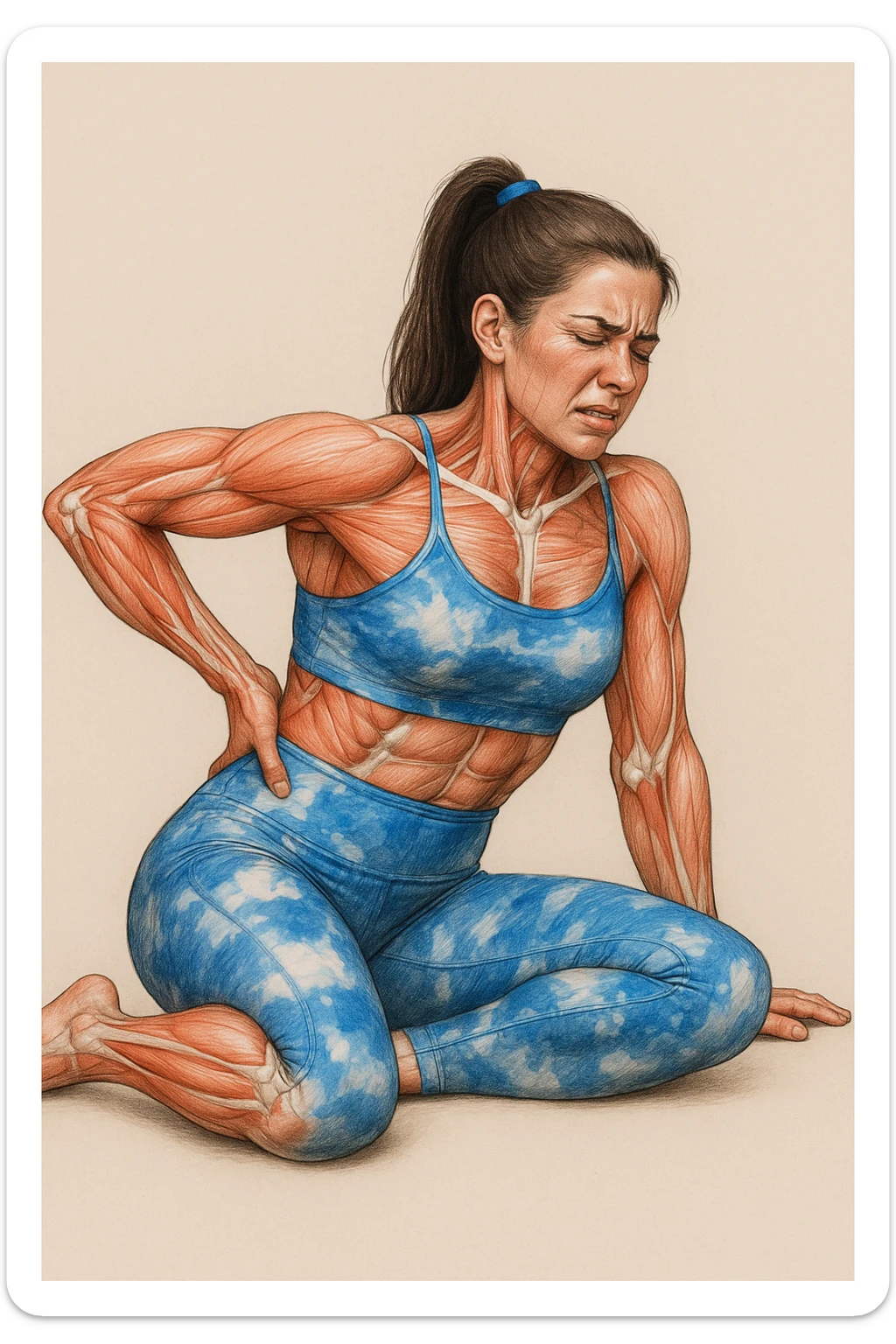 Realistic anatomical illustration of a woman in sportswear inspired by the reference photo, sitting on the ground with one hand on the hip and the other on the back, highlighting muscles and joints involved, expression of pain, neutral background. sticker