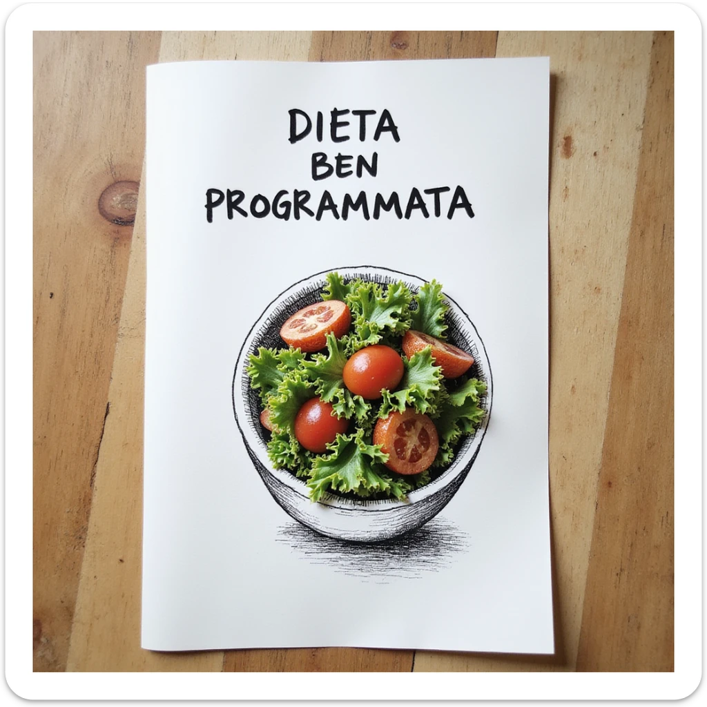 top view of a hyperrealistic 4K sheet of paper with a bowl of salad drawn on it and the text 'DIETA BEN PROGRAMMATA', variation 9, no background sticker