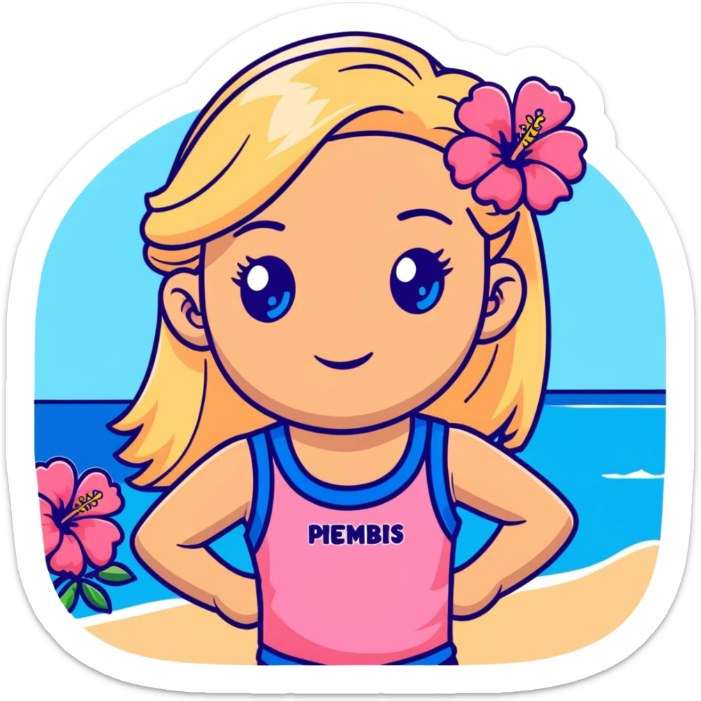 preppy coastal teen girl with blue eyes, beach blonde hair, tan skin, hibiscus flower in her ear, preppy beach outfit sticker
