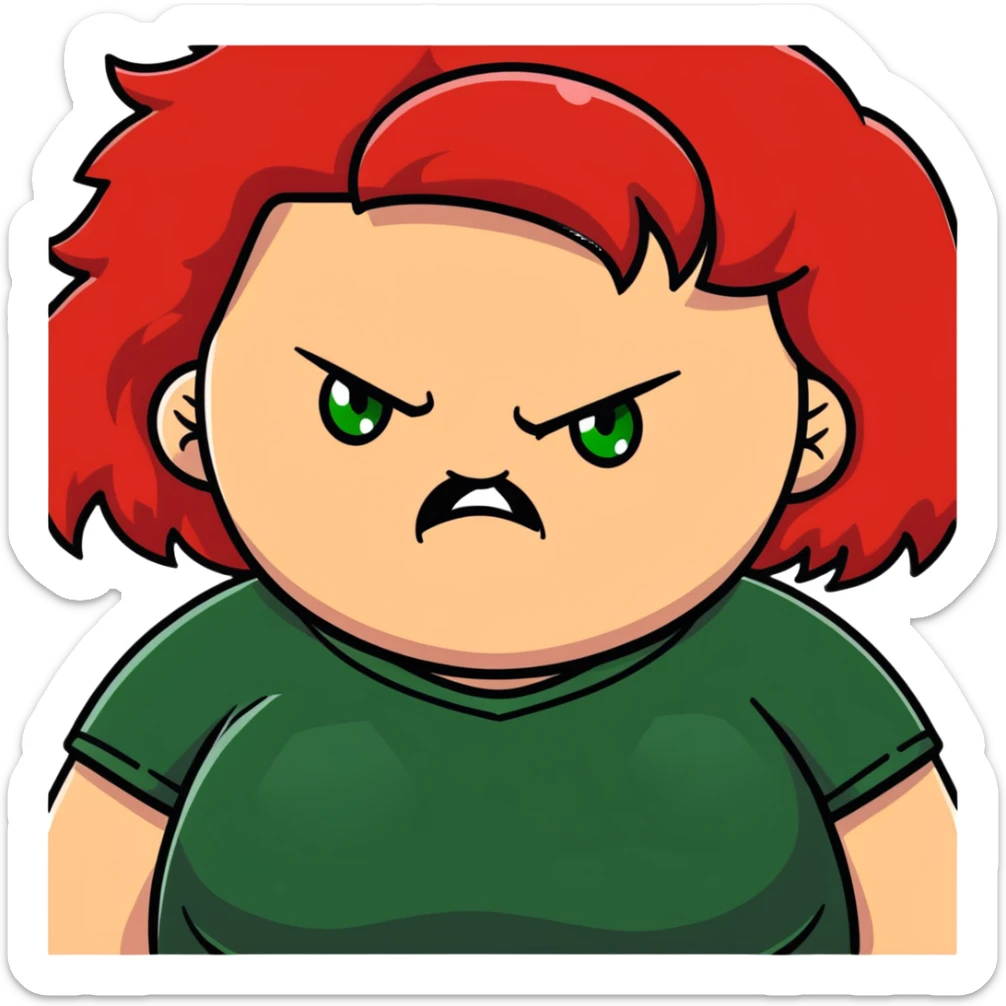 angry overweight girl with red hair and green eyes sticker