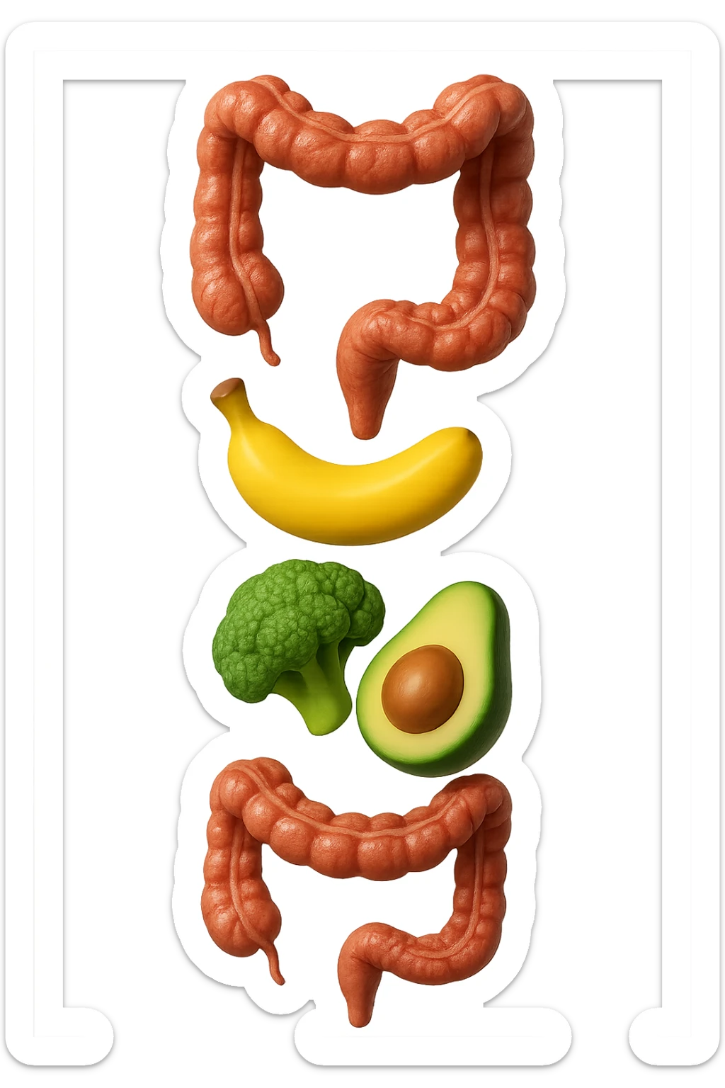 emoji stile iphone in 3d di cibo sano che fluttua in aria vericalmente insieme ùa pezzi di colon umano anatomico, iperrealistico 4k sticker