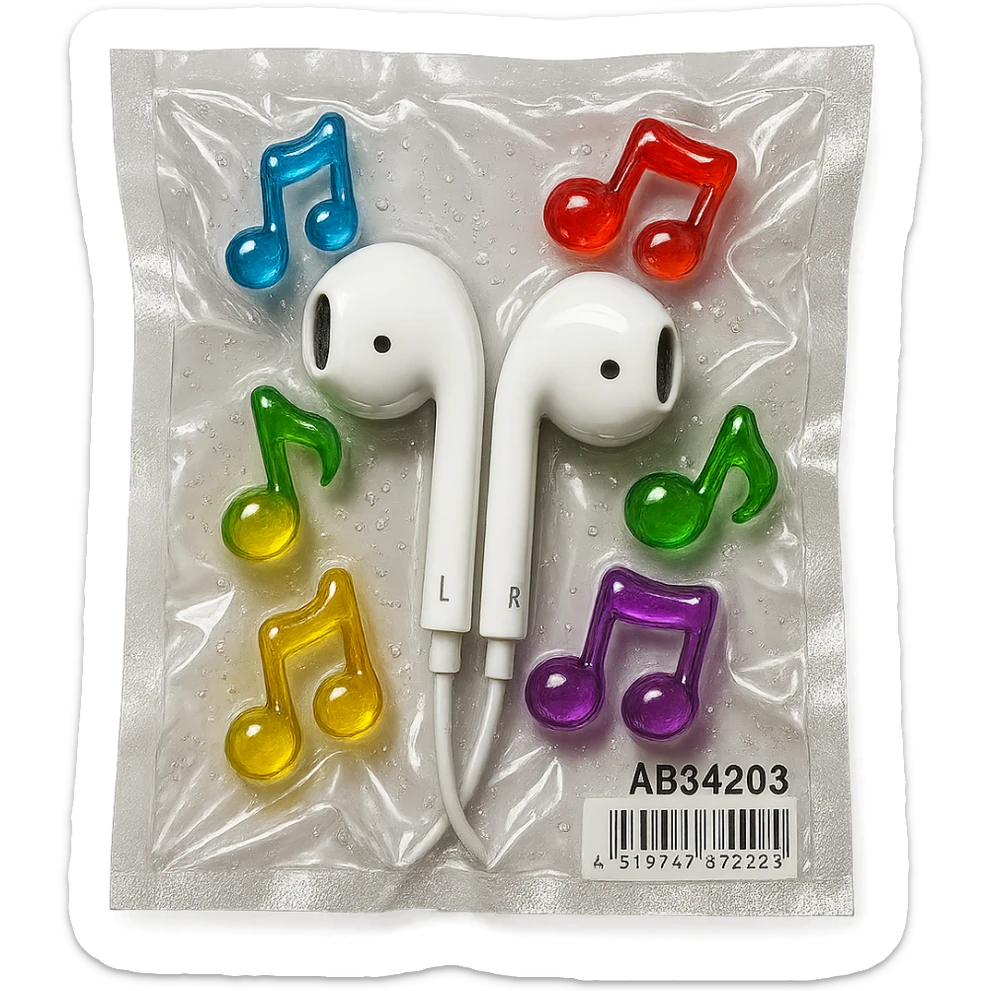 white EarPods headphones surrounded by small colorful glass music notes, glossy and puffy sticker