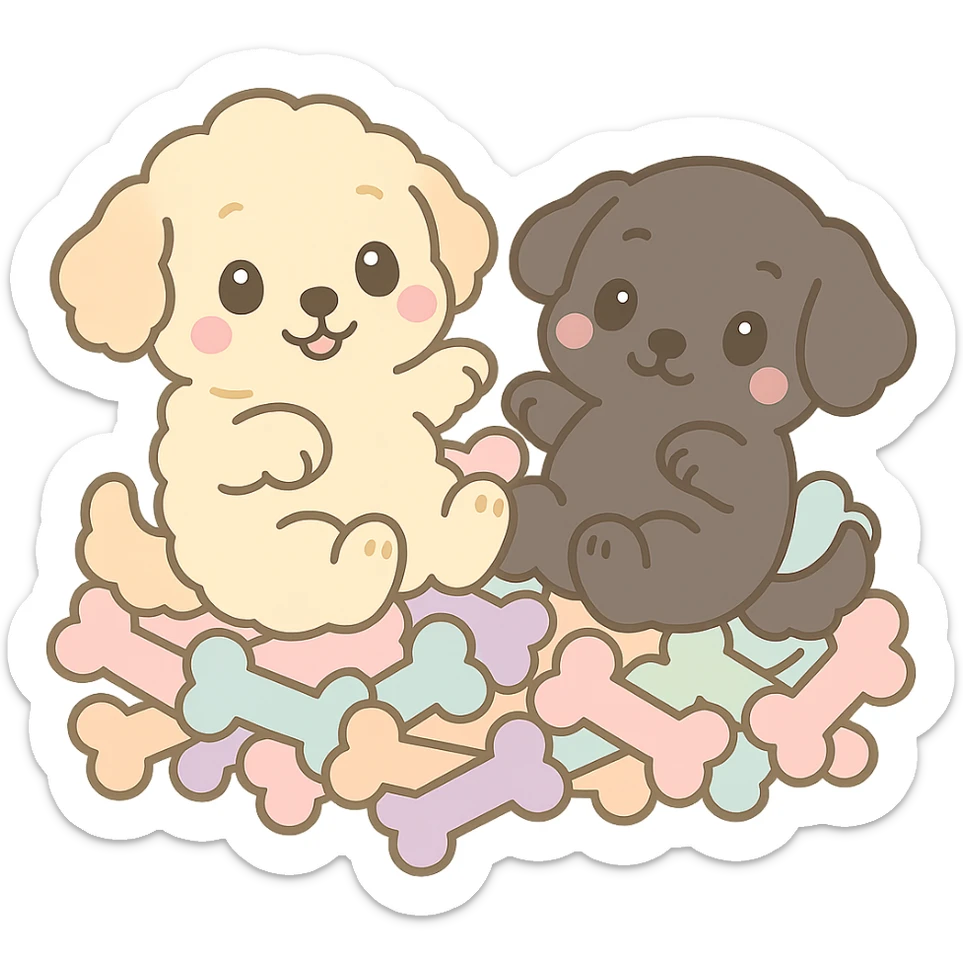 Make both dogs lay in a pile of treat bones, keeping the chibi kawaii style. Remove the grass and flowers, keep transparent background. sticker