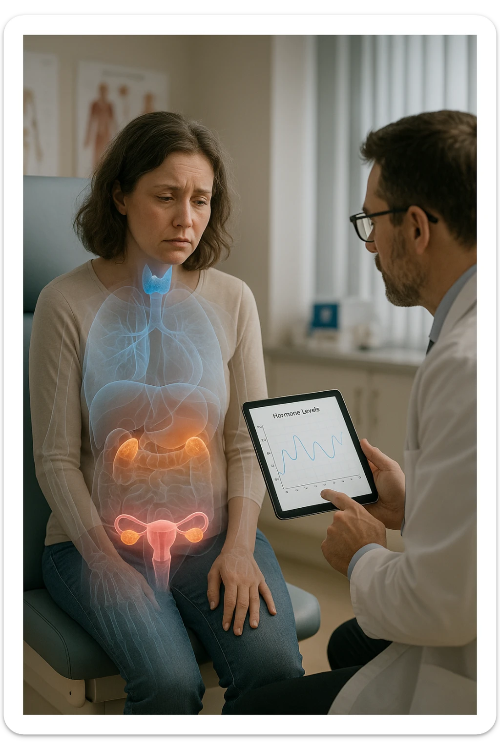 Realistic, vertical medical scene: a woman sits in a doctor’s office, looking fatigued and concerned. A semi-transparent overlay shows her internal organs, with the thyroid, ovaries, and adrenal glands glowing or pulsing in different colors to indicate hormonal imbalance. The doctor points to a digital tablet displaying fluctuating hormone levels. The mood is informative and empathetic. sticker