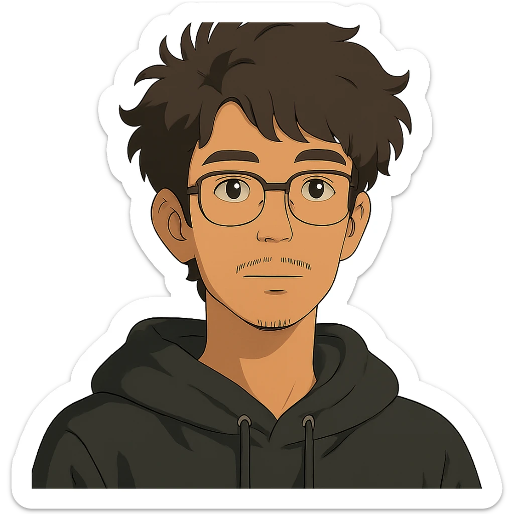 Malay teenager with fluffy hair, long face, light mustache, glasses, and a black hoodie in ghibli style sticker