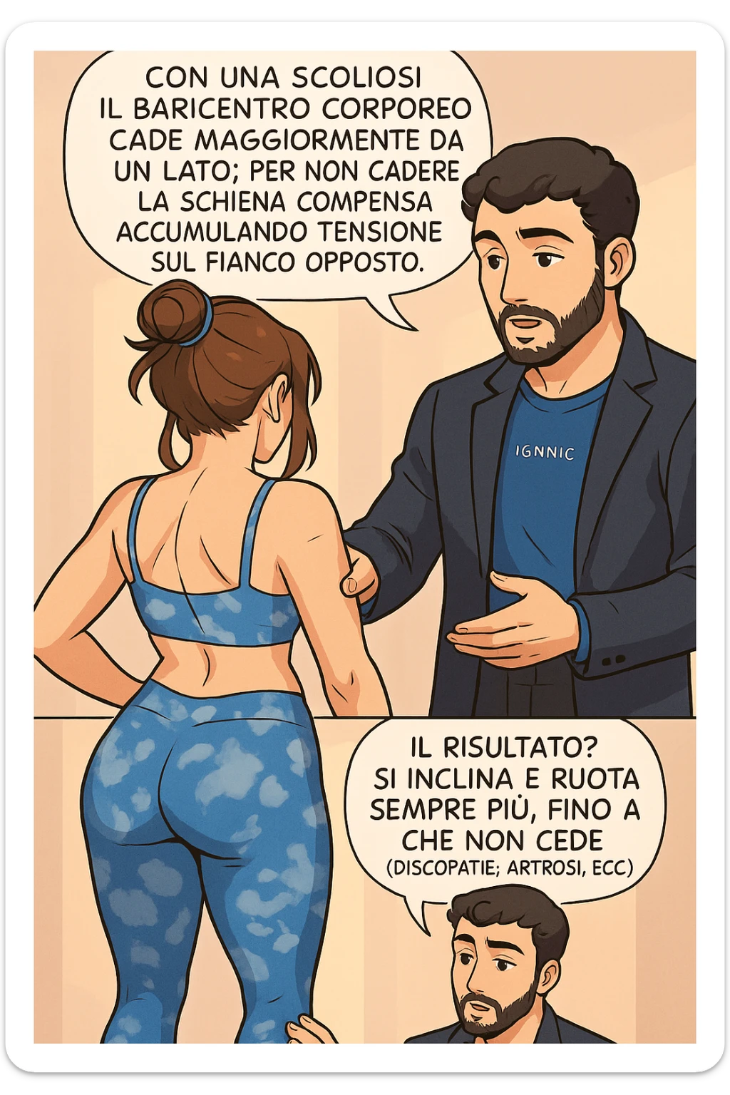 fai questa immagine in versione manga/webtoon a colori, il manga mostra la donna di spalle, mentre l'uomo le tocca la spina dorsale per spiegarle come funziona la scoliosi:
Con una scoliosi il baricentro corporeo cade maggiormente da un lato; per non cadere la schiena compensa accumulando tensione sul fianco opposto.
Il risultato? Si inclina e ruota sempre più, fino a che non cede (discopatie, artrosi, ecc) sticker
