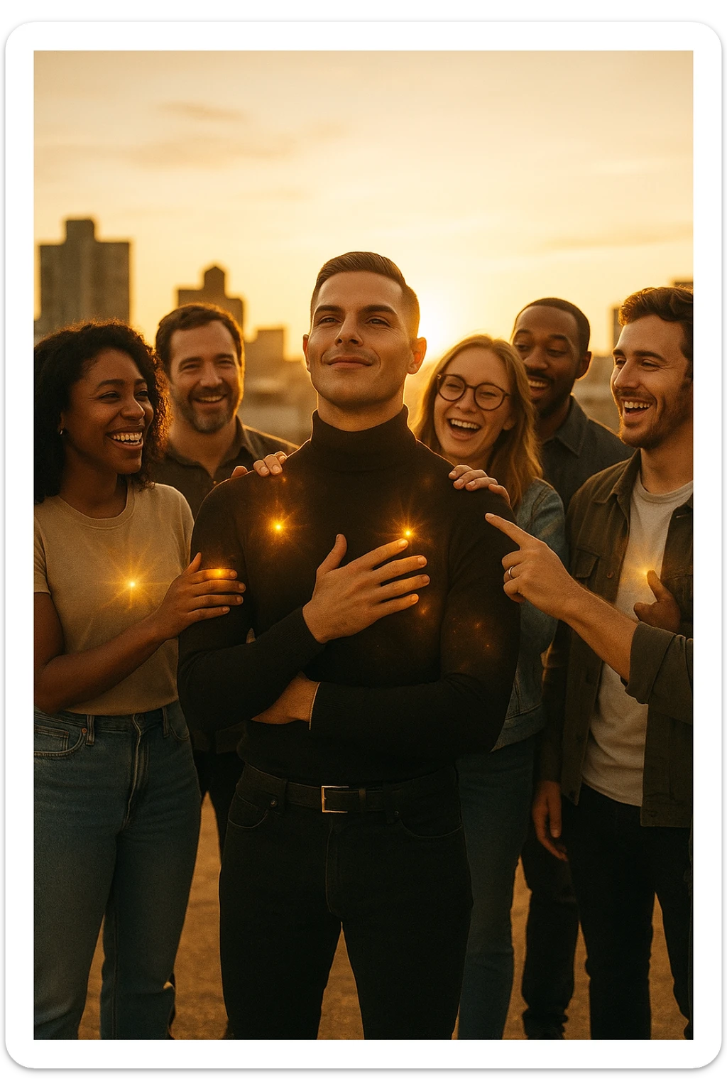 A cinematic scene of a man in his early 30s standing at the center of a sunlit urban rooftop during golden hour, surrounded by a diverse group of supportive, smiling people — friends, mentors, colleagues. They’re standing slightly behind or beside him, hands on his shoulder or gesturing toward him with encouragement. The man looks forward with a confident, inspired expression, body slightly relaxed, as if something inside di lui sta cambiando. The light behind the group forms a halo effect, emphasizing warmth and unity. Subtle visual symbolism: faint glow around their hands and hearts, suggesting their energy is uplifting him. Realistic clothing, modern style — jeans, T-shirts, casual jackets. The mood is inspiring, grounded, and full of potential. Shot in 35mm film style, with rich warm tones, shallow depth of field, and vibrant human detail. sticker