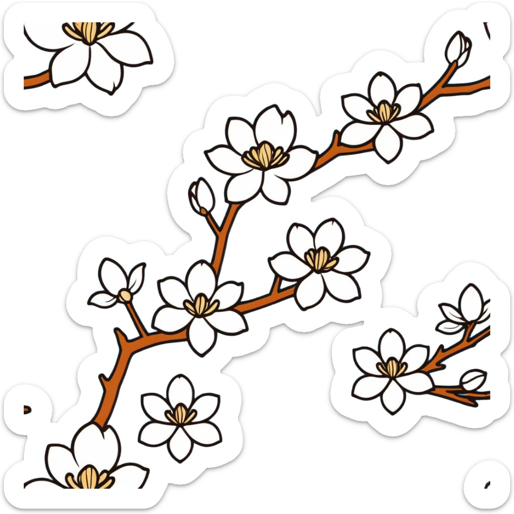 Artistic Japanese Magnolia kobus (kobushi) blossom with elegant composition reminiscent of kimono patterns, white star-shaped flowers on dark branch, gold accents, soft blue background sticker