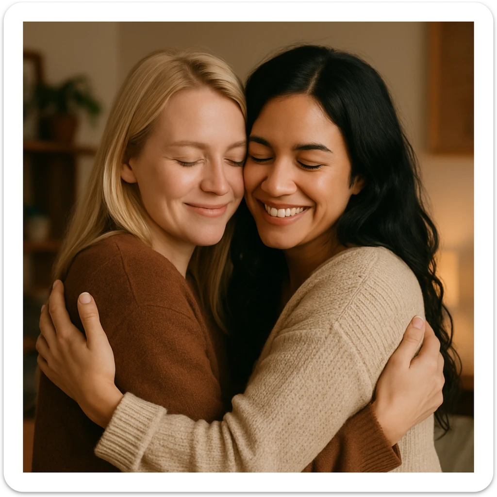 two women, one blonde and one with black hair, embracing as a lesbian couple, warm and friendly atmosphere sticker