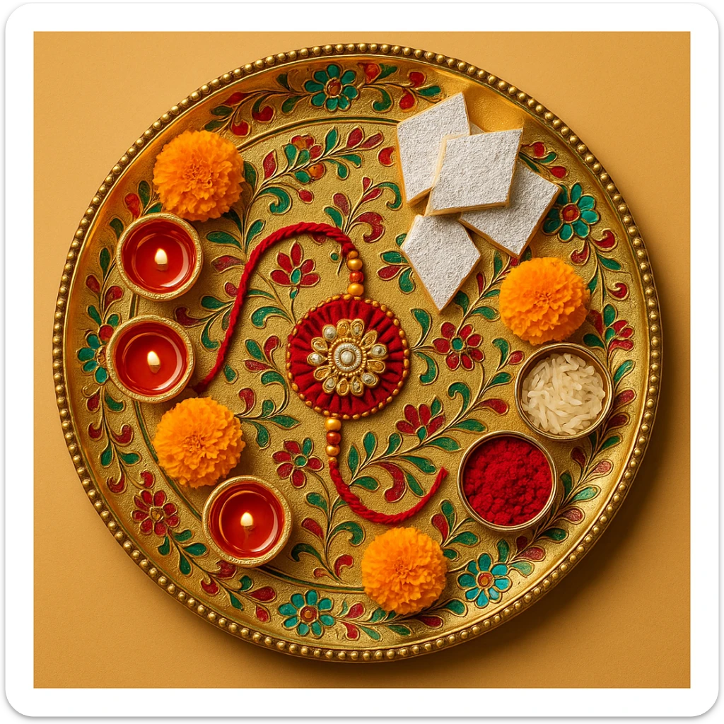 A rakhi thali with intricate floral patterns, colorful embellishments, and festive elements sticker