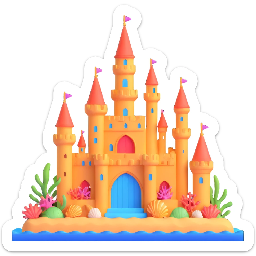 Ariel's underwater castle from The Little Mermaid, golden spires, colorful coral, seashell architecture, bubbles sticker
