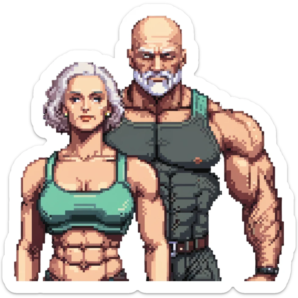 vieux chauve avec une femme musclée au menton gigachad sticker