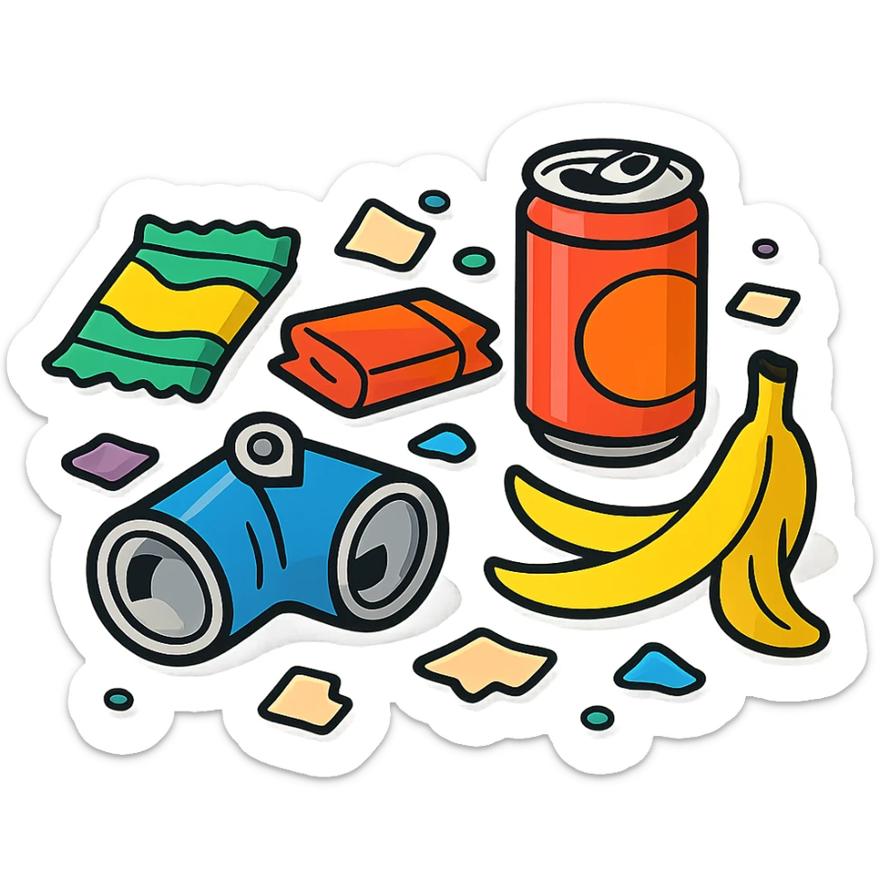 trash on the floor, cartoon style sticker