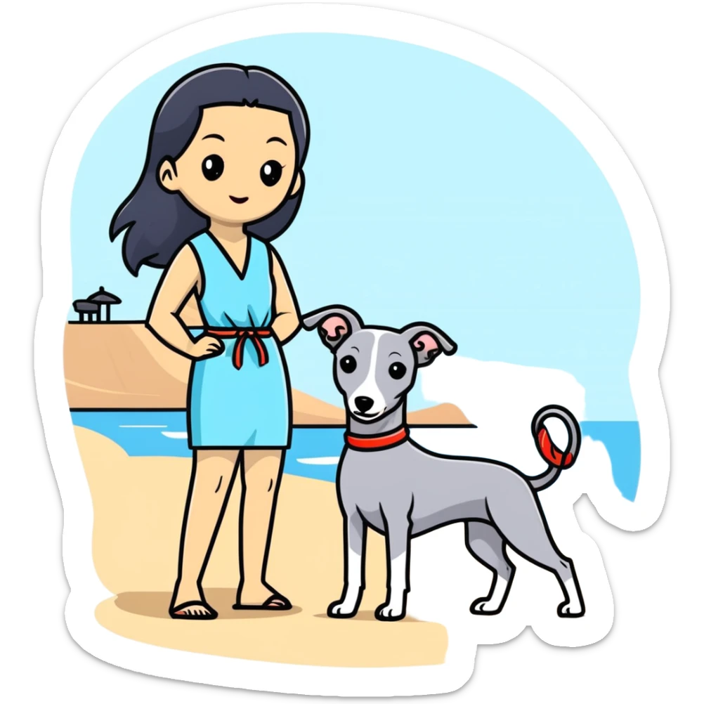Slim Chinese woman with long black hair in beach attire at the beach with her Italian greyhound that is COMPLETELY solid grey, with absolutely NO white markings on face, snout, or anywhere else, single uniform grey color throughout entire dog body sticker