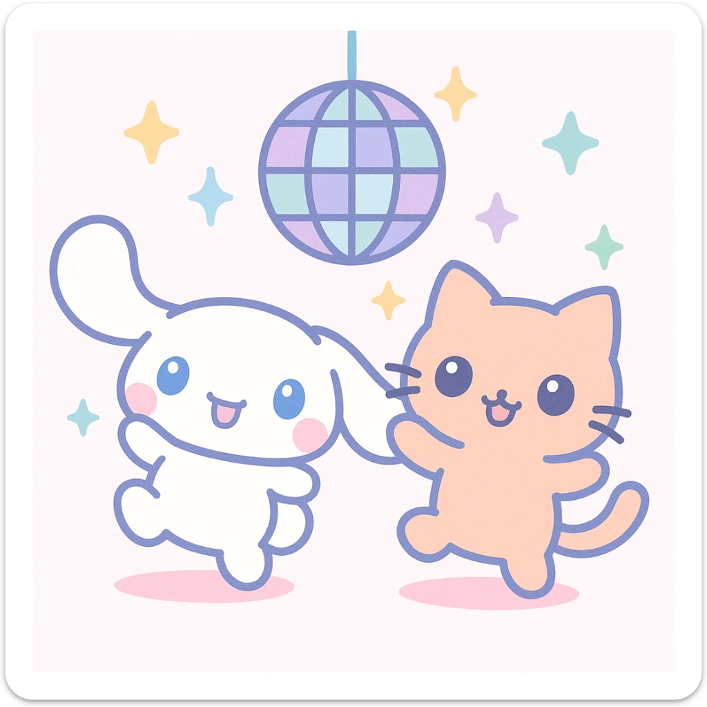 Cinnamoroll and a cat at a disco party, kawaii style, disco ball, energetic poses, vibrant colors sticker